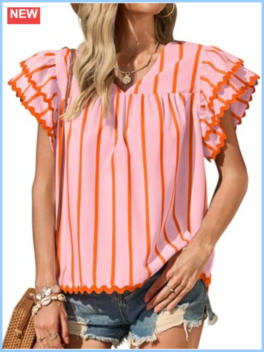 Womens Ruffle Short Sleeve V Neck Striped Blouse Loose Fit Summer Top